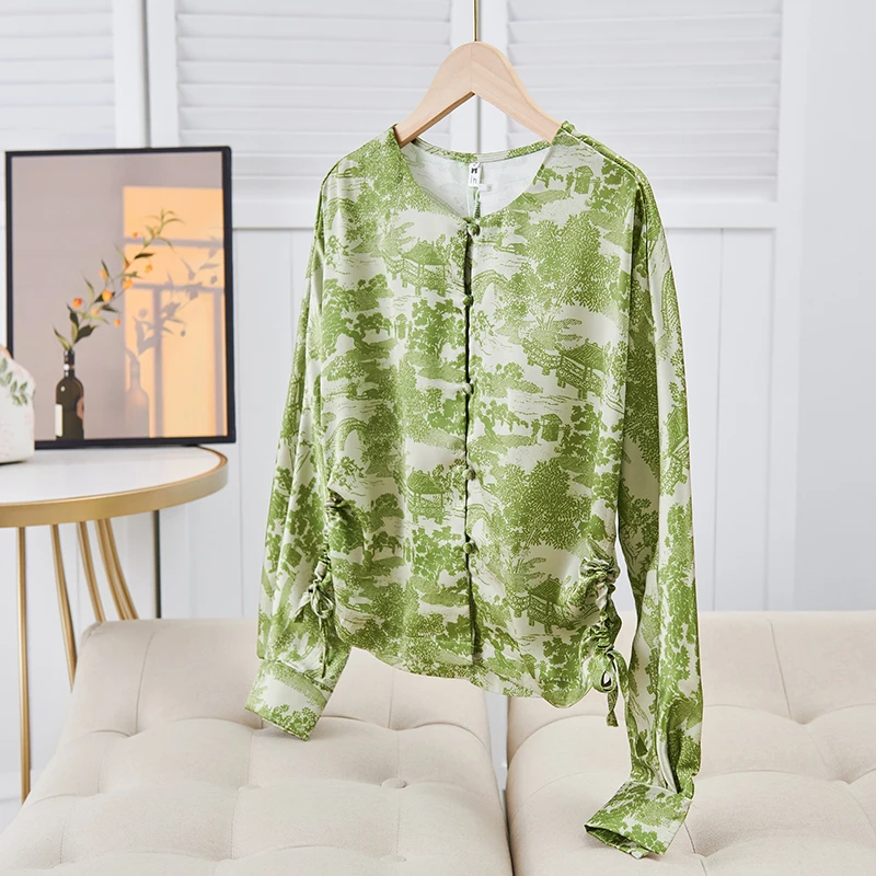 Chinese Style Women's Clothing Disc Button Jacquard Shirt Green Short Round Neck Long Sleeve Blouses Temperament Lady Top
Chinese Style Women's Clothing Disc Button Jacquard Shirt Green Short Round Neck Long Sleeve Blouses Temperament Lady Top