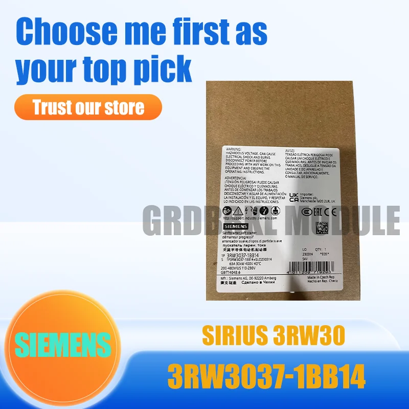 New Original SIEMENS 3RW3037-1BB14 SIRIUS 3RW30 Soft Starter 30KW 63A 110-230V
New Original SIEMENS 3RW3037-1BB14 SIRIUS 3RW30 Soft Starter 30KW 63A 110-230V