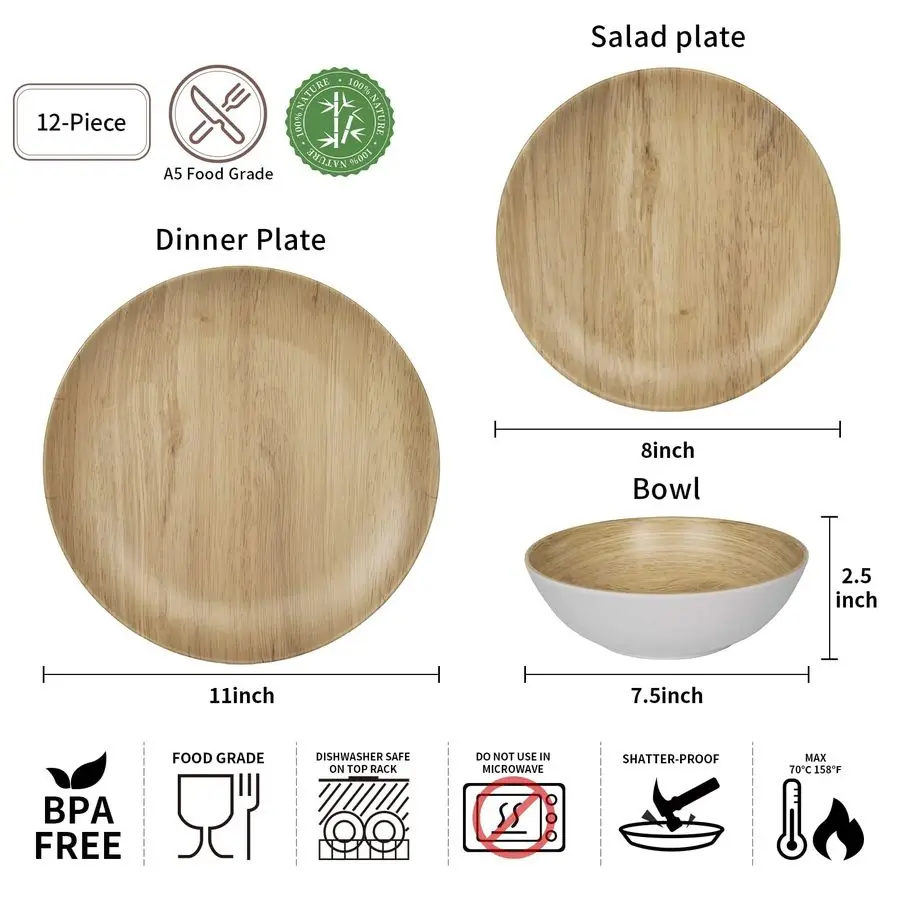 Dinnerware Set 12pcs dinnerware set Indoor and Outdoor use, Bamboo Pattern Dishes Dinnerware Set for 4,Dishwasher Safe Wood Grai
Dinnerware Set 12pcs dinnerware set Indoor and Outdoor use, Bamboo Pattern Dishes Dinnerware Set for 4,Dishwasher Safe Wood Grai