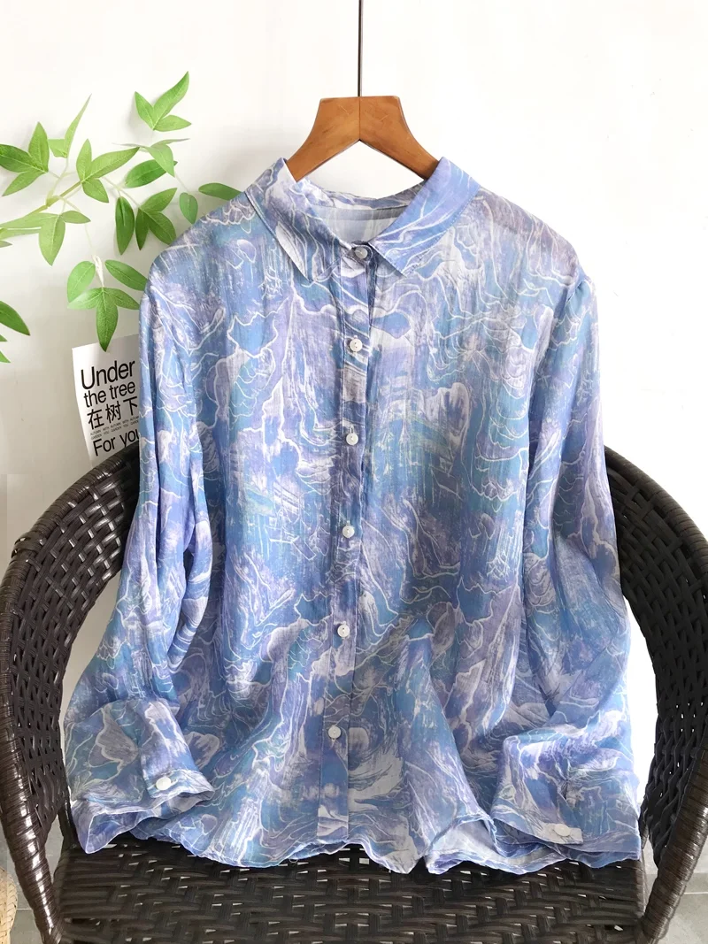 Женские французские рубашки из 100% рами, весенне-летние однобортные синие кардиганы с принтом тай-дай, женские топы с длинными рукавами и лацканами 
Женские французские рубашки из 100% рами, весенне-летние однобортные синие кардиганы с принтом тай-дай, женские топы с длинными рукавами и лацканами