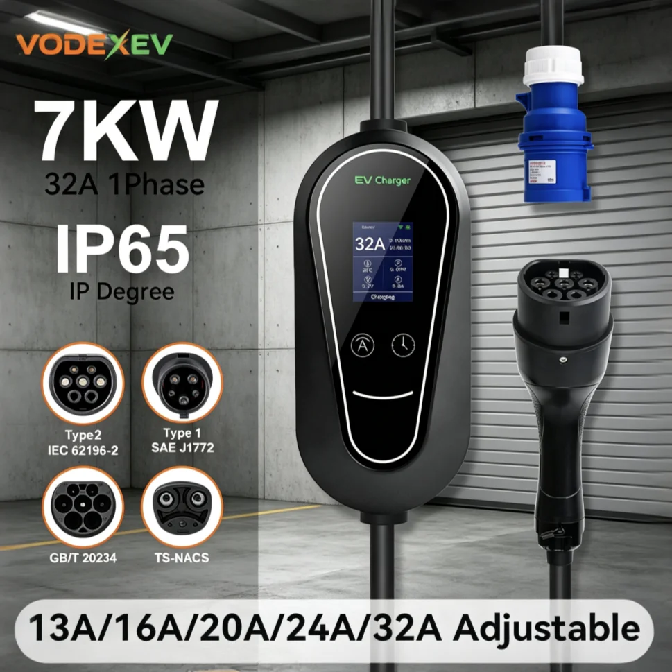 VODEXEV 7KW 32A Type 1 Type2 GBT Tesla Portable EV Charger EVSE APP Control Adjustable Current Schedule Charging for Home Travel
VODEXEV 7KW 32A Type 1 Type2 GBT Tesla Portable EV Charger EVSE APP Control Adjustable Current Schedule Charging for Home Travel