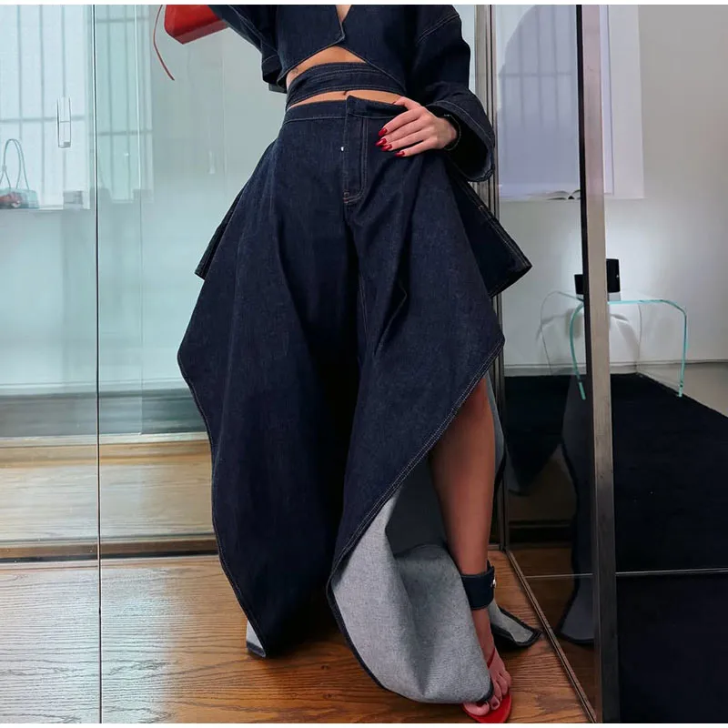 Fashion Denim Two-Piece Outfit Women's V-neck Lace Up Button Cropped Jacket Slit Wide Leg Pants 2026 New Lady Casual Streetwear 25 Saee96cc25f2545da83d5693856f0173eY