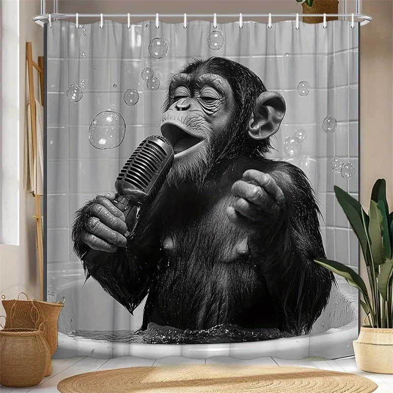 Chimpanzee Singing Into Microphone With Bubbles Humorous Animal Shower Curtain
Chimpanzee Singing Into Microphone With Bubbles Humorous Animal Shower Curtain