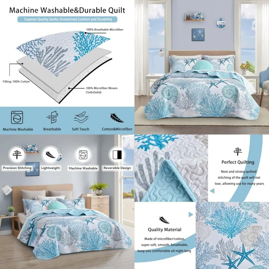 3 Pcs Coastal Quilt Sets Size - Reversible Microfiber Quilts with 2 Shams Soft Lightweight Beach Bedding Nautical Bedspread Cov
3 Pcs Coastal Quilt Sets Size - Reversible Microfiber Quilts with 2 Shams Soft Lightweight Beach Bedding Nautical Bedspread Cov