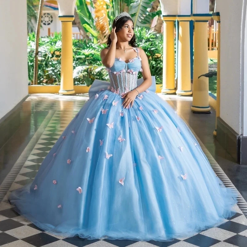 Sky Blue Shiny Princess Quinceanera Dresses Spaghetti Strap Beads Crystal Butterfly Tull Lace-up Corset Prom Vestidos de 15 años
Sky Blue Shiny Princess Quinceanera Dresses Spaghetti Strap Beads Crystal Butterfly Tull Lace-up Corset Prom Vestidos de 15 años