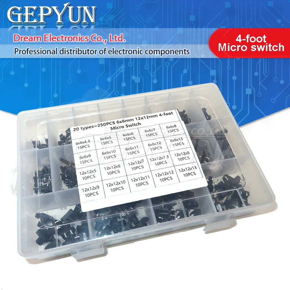 250PCS 20 types 6x6mm /12x12mm 4-foot Micro Switch key switch light touch switch button switch Self-reset DIP Switches
250PCS 20 types 6x6mm /12x12mm 4-foot Micro Switch key switch light touch switch button switch Self-reset DIP Switches