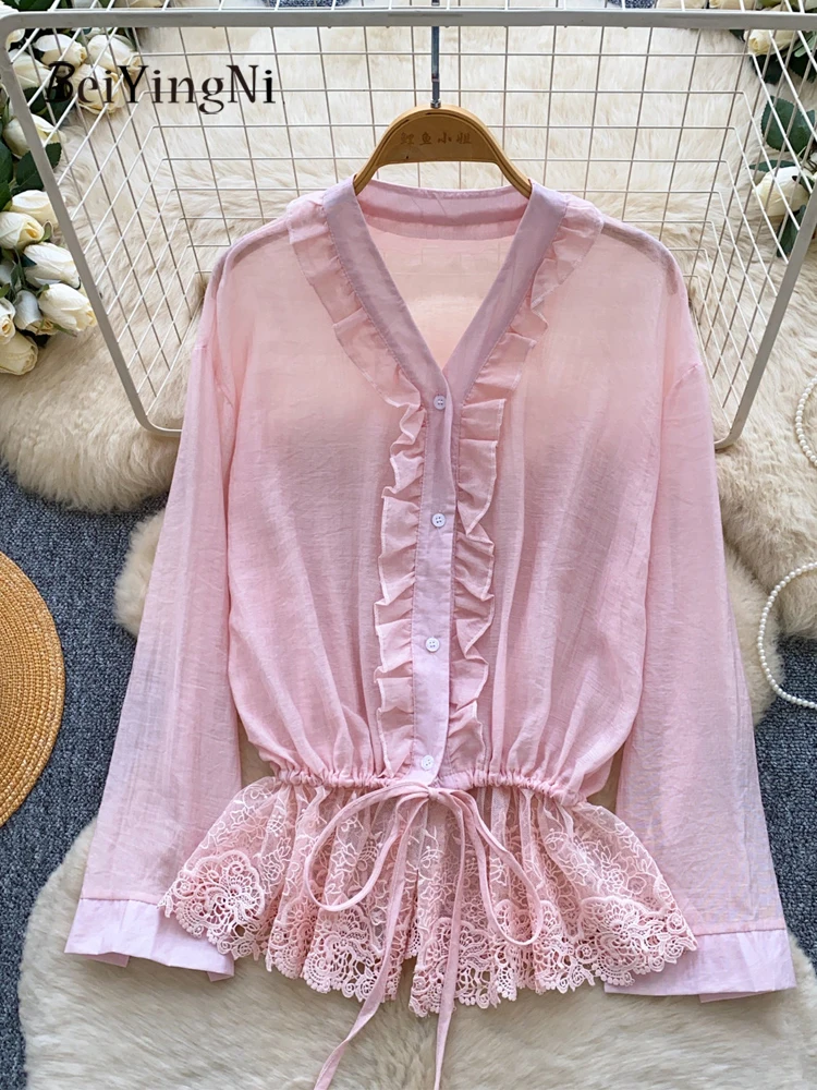 Beiyingni Senior Classy Buttons Top Female 2026 Summer Casual Lace Spliced Shirts for Women Ruffles Minimalist Commuting Blusas
Beiyingni Senior Classy Buttons Top Female 2026 Summer Casual Lace Spliced Shirts for Women Ruffles Minimalist Commuting Blusas