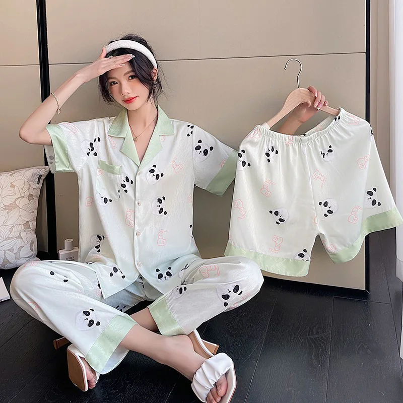 High Three-Piece Woman Pajamas Set Cute Panda Print Satin Silk Spring Summer Pyjama Short-sleeved Pants Pijama Mujer Loungewear
High Three-Piece Woman Pajamas Set Cute Panda Print Satin Silk Spring Summer Pyjama Short-sleeved Pants Pijama Mujer Loungewear