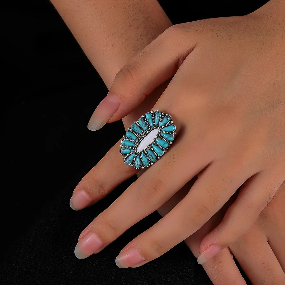 Vintage Western Turquoise Ring Adjustable Concho Cuff with Squash Blossom Bohemian Style for Wedding or Gift
Vintage Western Turquoise Ring Adjustable Concho Cuff with Squash Blossom Bohemian Style for Wedding or Gift