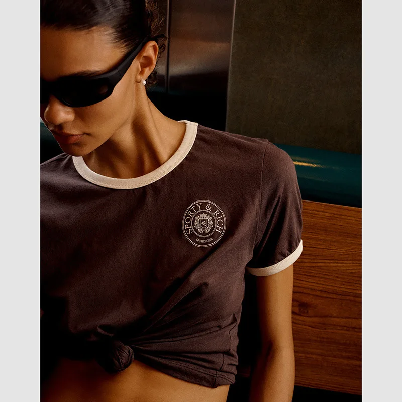 Summer new North American niche SR letter printed cuffs contrasting cotton women's short sleeved T-shirt
Summer new North American niche SR letter printed cuffs contrasting cotton women's short sleeved T-shirt