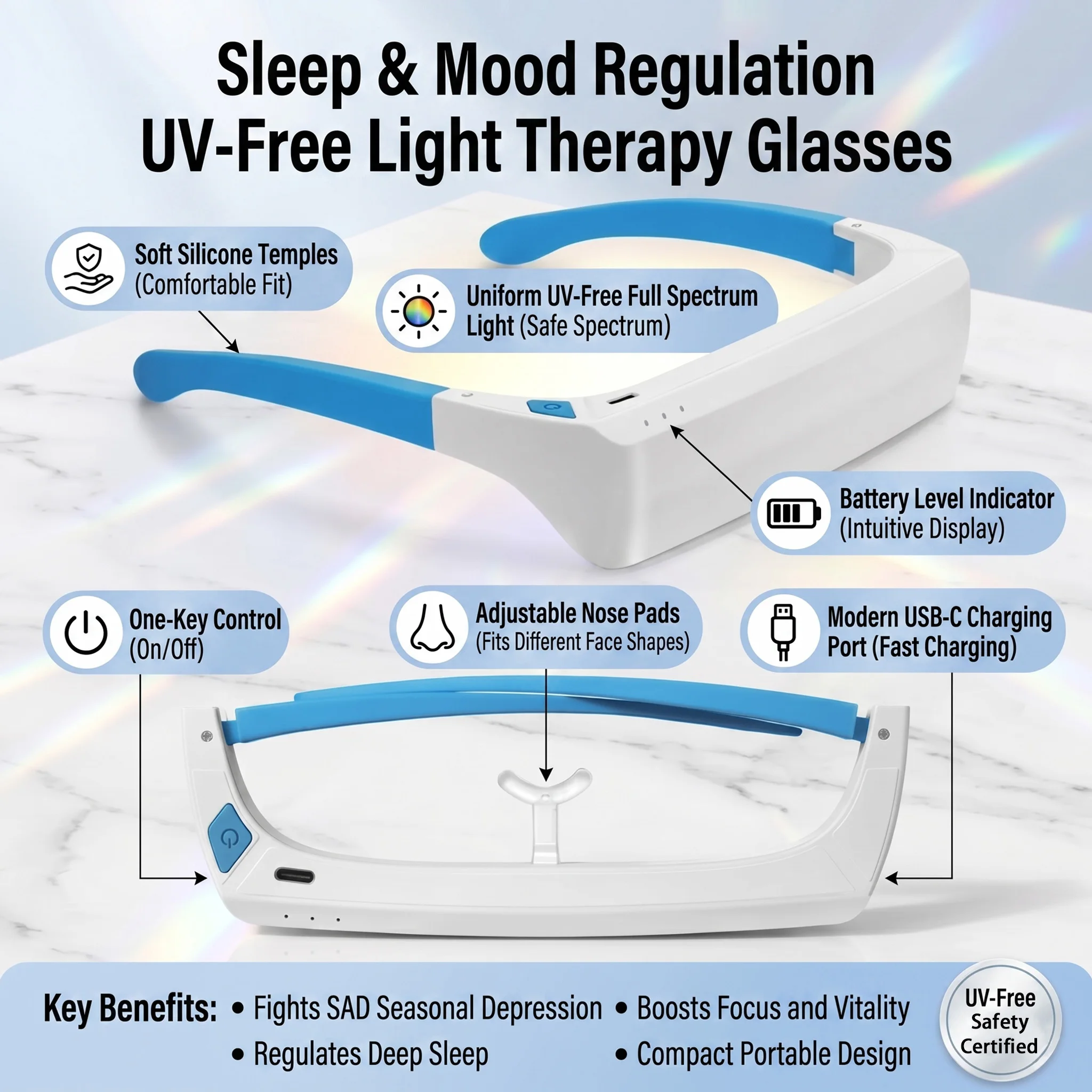 SAD Light Therapy Glasses Wearable Lamp Depression Mood Aid Relief Phototherapy Blue White LED Anti Insomnia Rechargeable Type C
SAD Light Therapy Glasses Wearable Lamp Depression Mood Aid Relief Phototherapy Blue White LED Anti Insomnia Rechargeable Type C