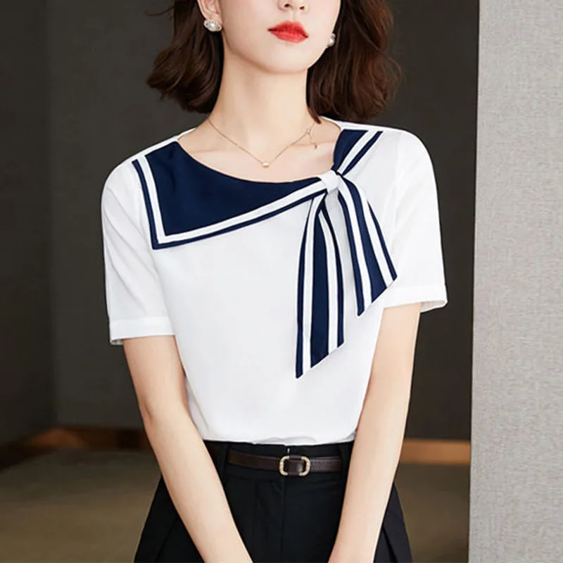 Preppy Style Sweet Bow Tie Chiffon Women's Shirt Naval Collar Short Sleeve Summer Loose Pullover Fashion Women All-match Blouses
Preppy Style Sweet Bow Tie Chiffon Women's Shirt Naval Collar Short Sleeve Summer Loose Pullover Fashion Women All-match Blouses