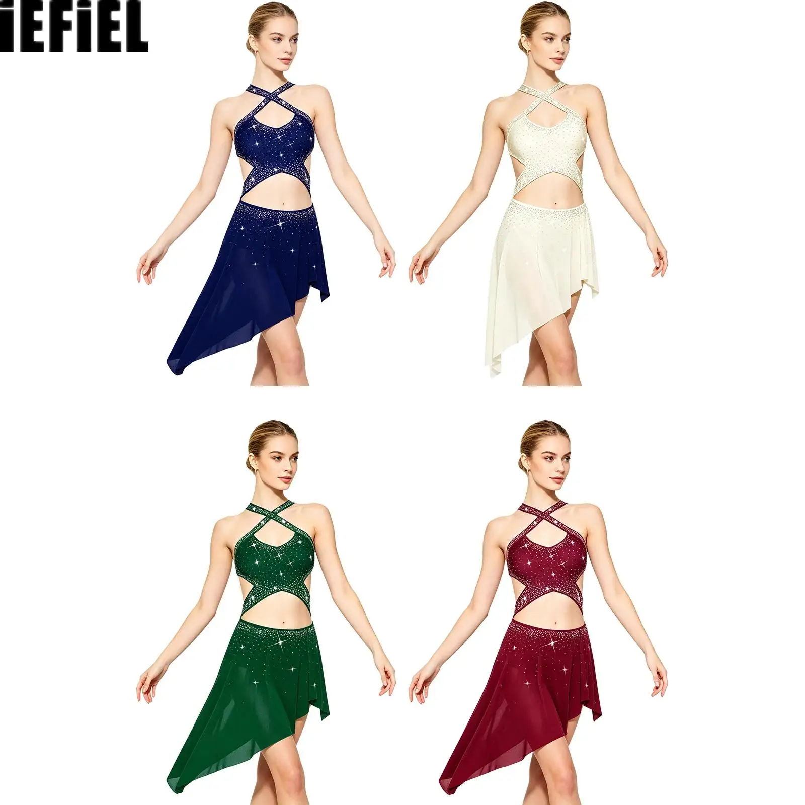 Women Lyrical Backless Dance Dress Rhinestones Crossing Straps Sleeveless Irregular Mesh Hem Built-in Briefs Bodysuit Dress
Women Lyrical Backless Dance Dress Rhinestones Crossing Straps Sleeveless Irregular Mesh Hem Built-in Briefs Bodysuit Dress