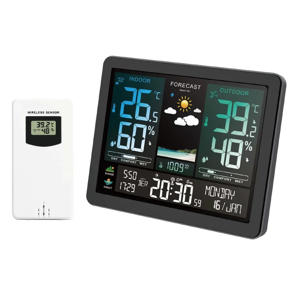 FJ3566M Indoor Outdoor Thermometer Hygrometer Wireless Weather Station Multifunctional Color Screen Weather Forecast Clock
FJ3566M Indoor Outdoor Thermometer Hygrometer Wireless Weather Station Multifunctional Color Screen Weather Forecast Clock