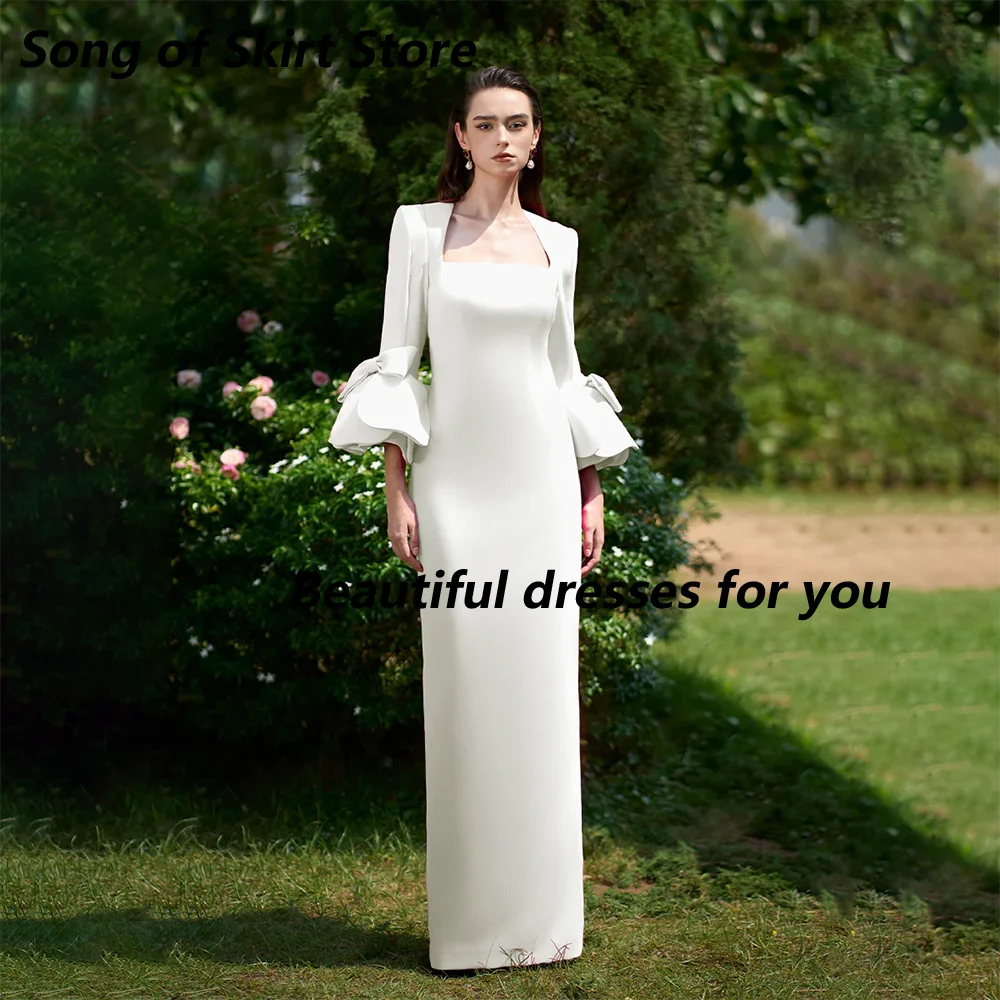 White Evening Dress Customized Square Neck Long Sleeves Bow Jersey Floor Length Sheath Cocktail Party Gown Saudi Arab
White Evening Dress Customized Square Neck Long Sleeves Bow Jersey Floor Length Sheath Cocktail Party Gown Saudi Arab