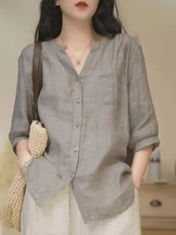 Loose plus Size V-Ne Linen irt Women's Five-Quarter Sve Slimming Pure Color Summer New Sle Commute Faion Casual irt
Loose plus Size V-Ne Linen irt Women's Five-Quarter Sve Slimming Pure Color Summer New Sle Commute Faion Casual irt