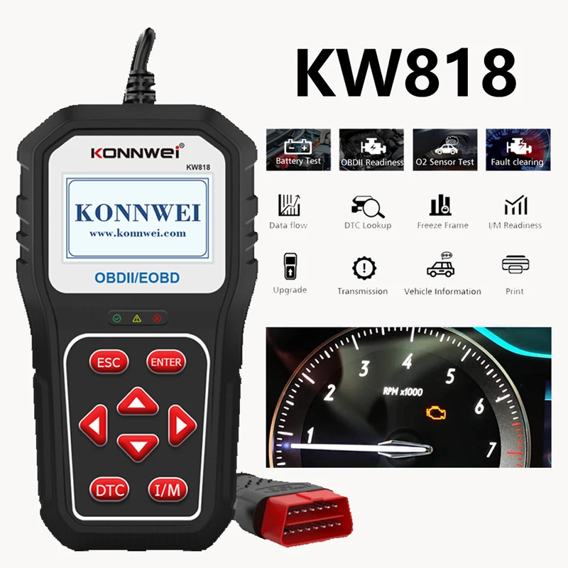 KONNWEI KW818 OBD2 сканер 12 В тестер автомобильного аккумулятора двигатель считыватели кодов топлива автомобильный диагностический сканер инструменты бесплатная обновление
KONNWEI KW818 OBD2 сканер 12 В тестер автомобильного аккумулятора двигатель считыватели кодов топлива автомобильный диагностический сканер инструменты бесплатная обновление