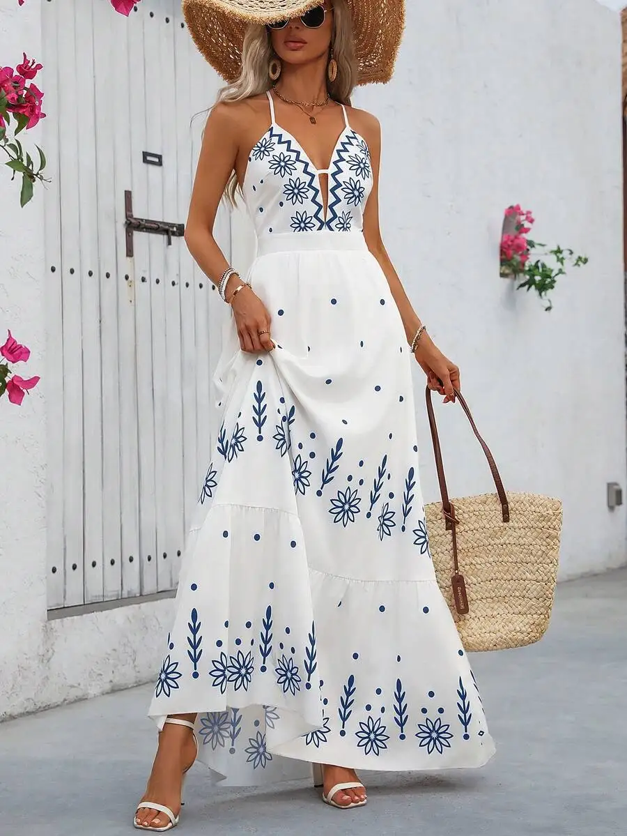 White Blue Floral And Dot Print Tiered V-Neck Spaghetti Strap Maxi Dress For Summer Beach Holiday Outfit
White Blue Floral And Dot Print Tiered V-Neck Spaghetti Strap Maxi Dress For Summer Beach Holiday Outfit