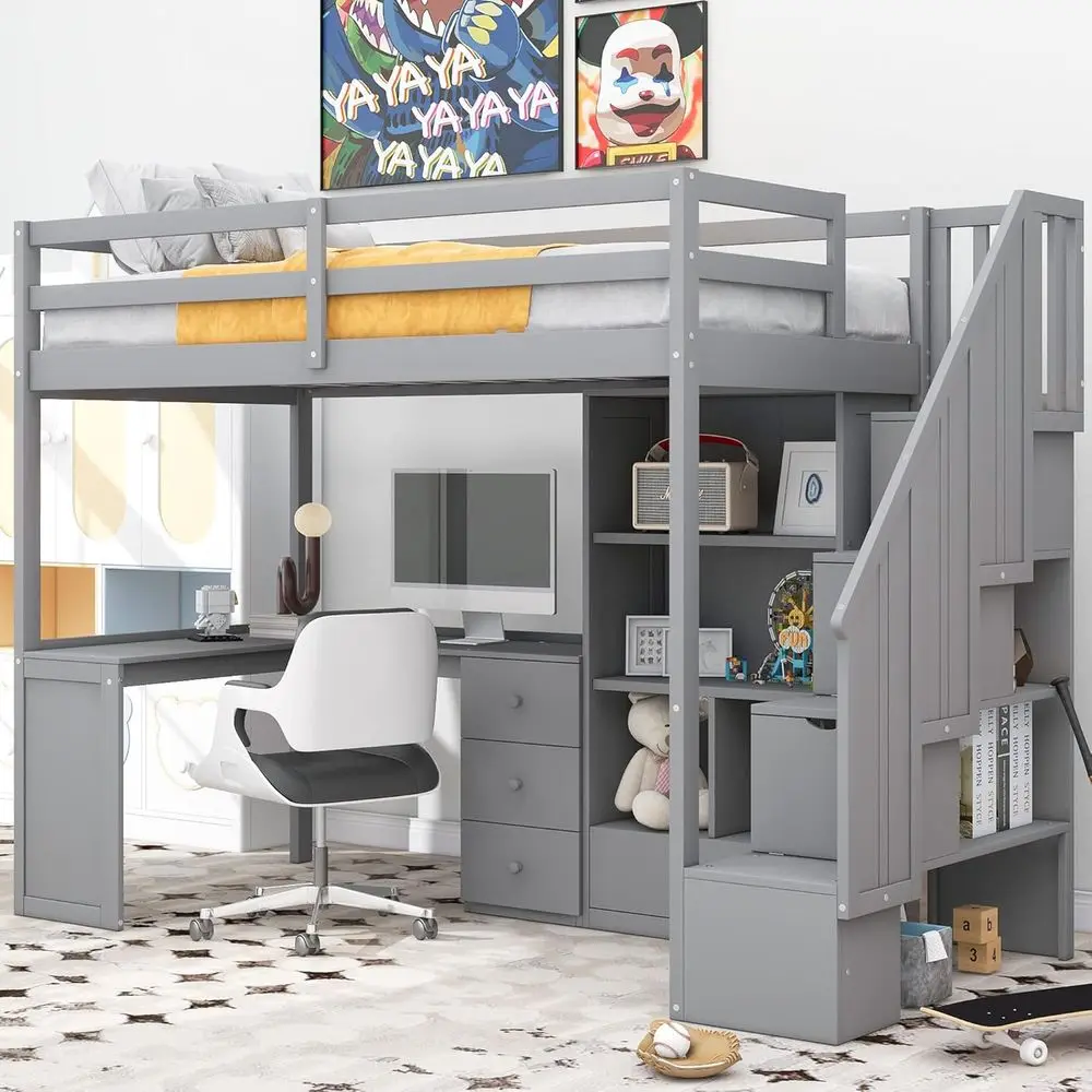 Twin Size Staircase Loft Bed with L-Shaped Desk, Solid Wood Construction, Bookcase, and Storage for Kids, Teens, and Adults in G
Twin Size Staircase Loft Bed with L-Shaped Desk, Solid Wood Construction, Bookcase, and Storage for Kids, Teens, and Adults in G