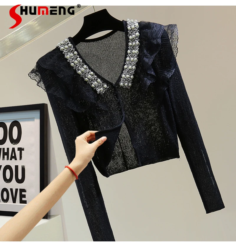 Beaded Sequins V-neck Knit Cardigan Female High Waist Short Sweaters Women Lace Ruffled Long Sleeve Sweater Fall Winter Knitwear
Beaded Sequins V-neck Knit Cardigan Female High Waist Short Sweaters Women Lace Ruffled Long Sleeve Sweater Fall Winter Knitwear