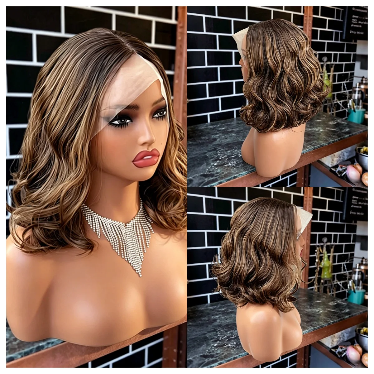 Blonde Highlights Caramel Brown Synthetic Wig Glueless Bob Lace Wigs with Bouncy Waves Natural Black Roots
Blonde Highlights Caramel Brown Synthetic Wig Glueless Bob Lace Wigs with Bouncy Waves Natural Black Roots
