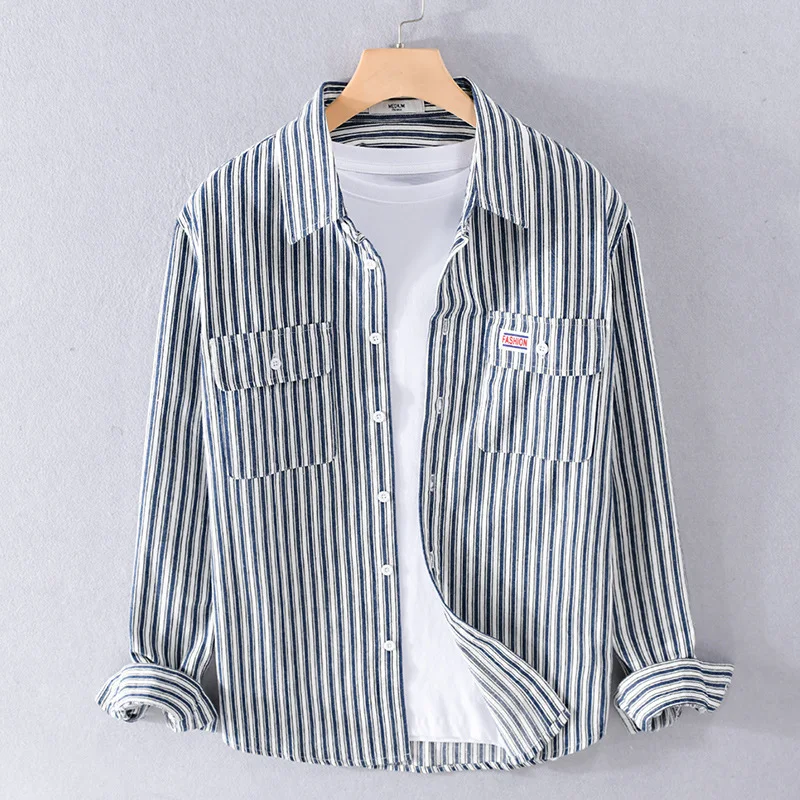 Japan Retro Mens Long Sleeve Striped Shirts Spring Fall Cargo Shirt Men Double Pocket Casual Pure Cotton Button Up Shirt Fashion
Japan Retro Mens Long Sleeve Striped Shirts Spring Fall Cargo Shirt Men Double Pocket Casual Pure Cotton Button Up Shirt Fashion