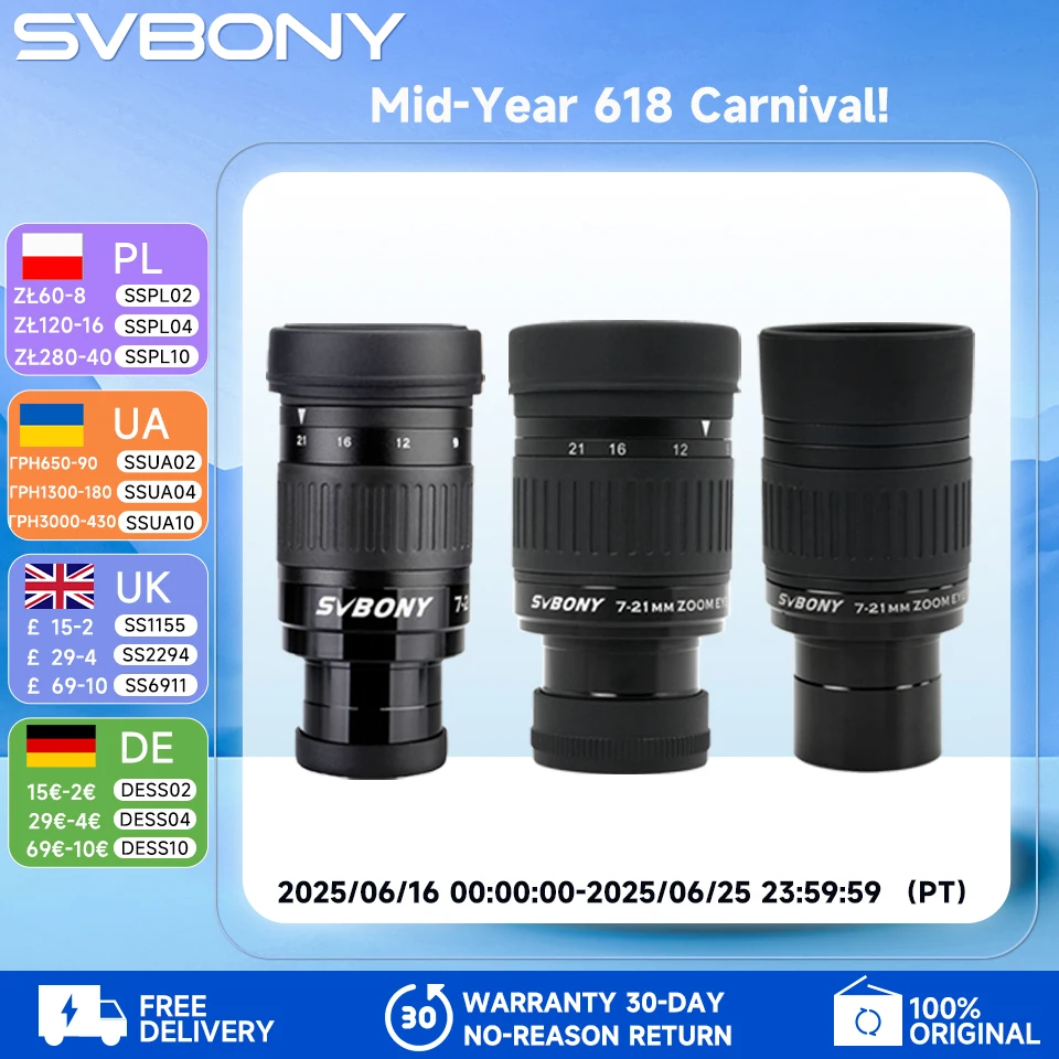 Svbony SV135 1.25" 7mm to 21mm Zoom Eyepiece Fully multi-Coated Optical Design Zoom Eyepieces for Eyeglass Wearers
Svbony SV135 1.25" 7mm to 21mm Zoom Eyepiece Fully multi-Coated Optical Design Zoom Eyepieces for Eyeglass Wearers