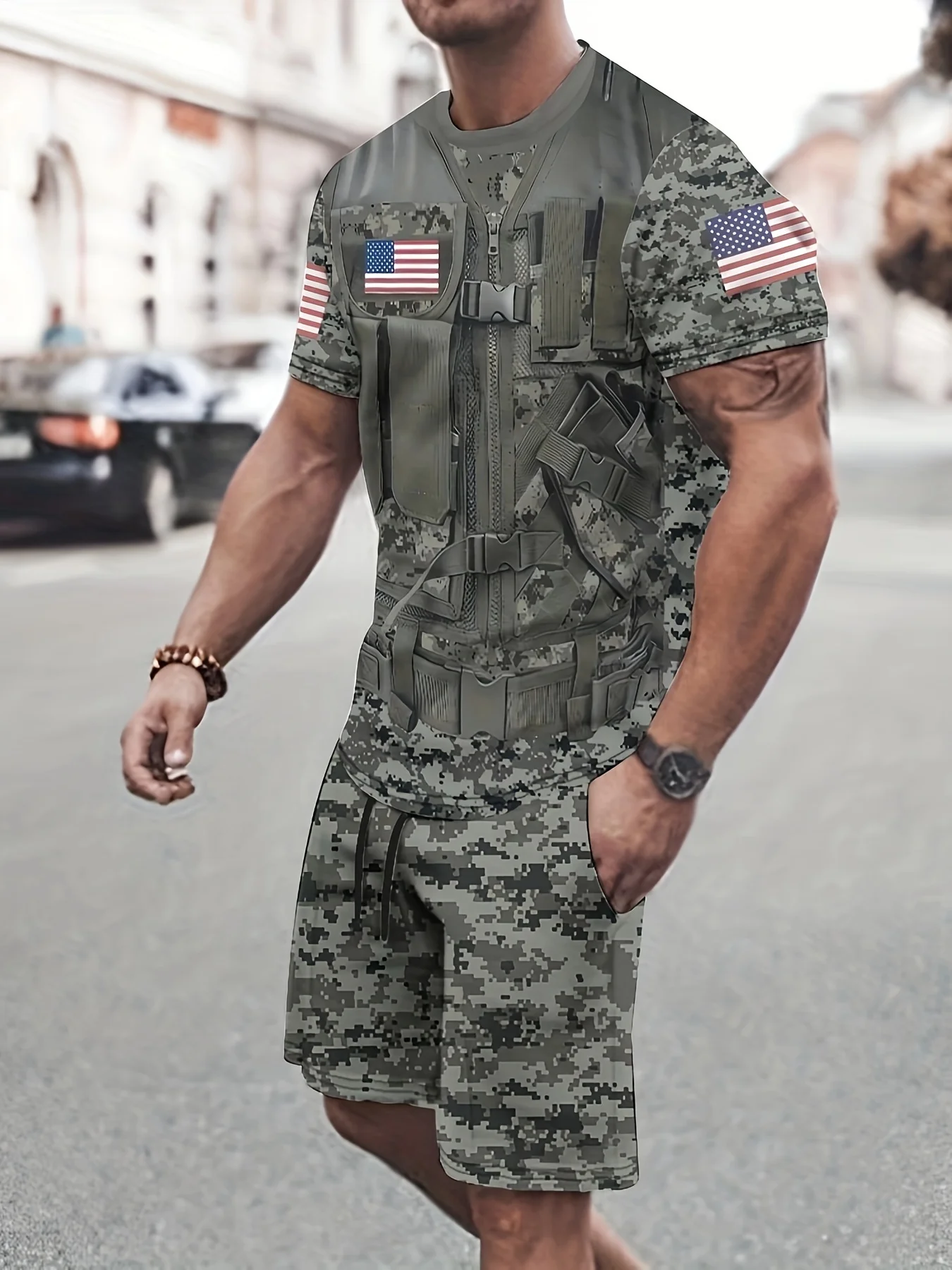 Men's camouflage printed short-sleeved T-shirt and waist shorts 2-piece set Casual sports regular T-shirt top and pants cover
Men's camouflage printed short-sleeved T-shirt and waist shorts 2-piece set Casual sports regular T-shirt top and pants cover