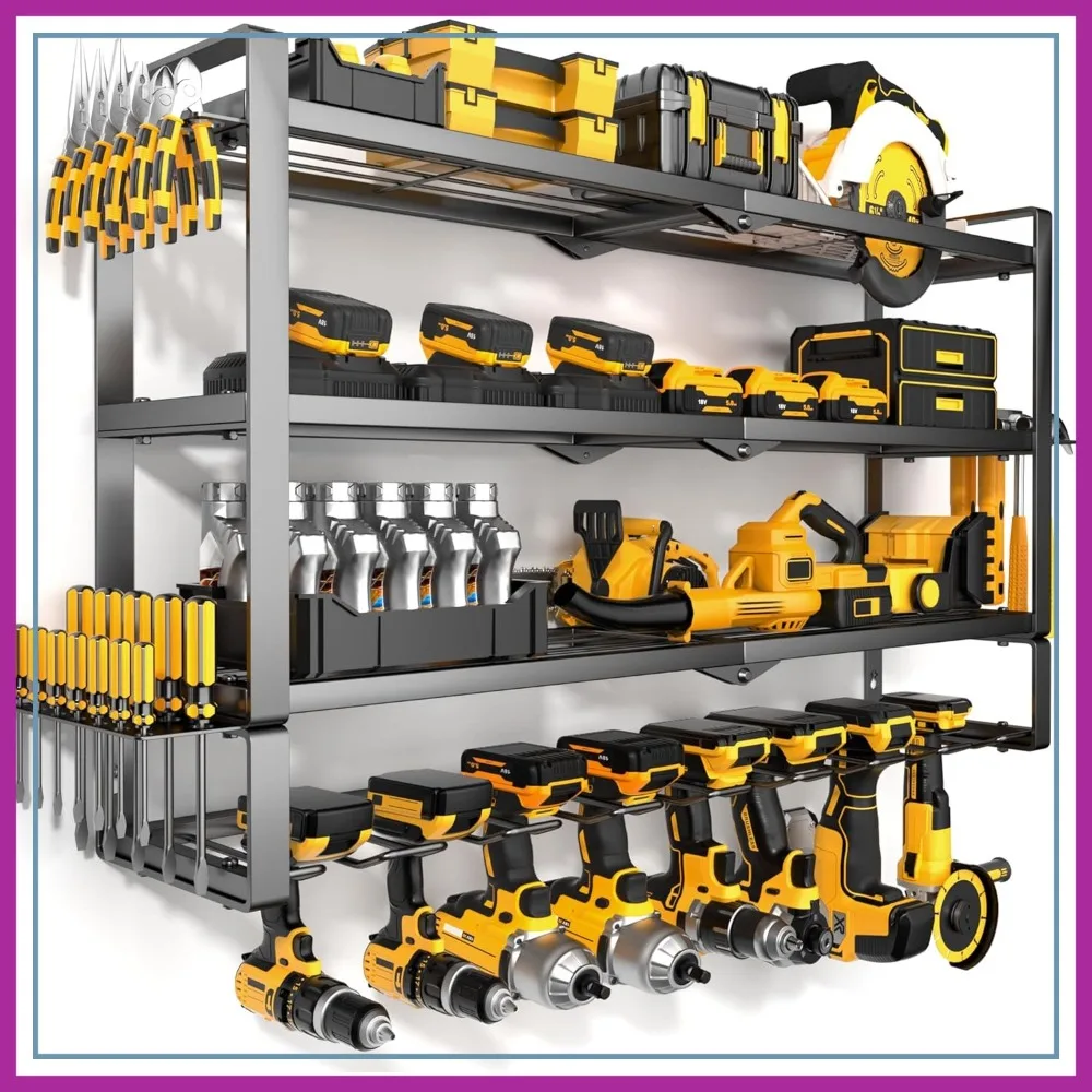Heavy Duty 4-Tier Power Tool Organizer, Wall Mount Metal Storage Rack Holds 400lbs, with 8 Cordless Drill Holders for Garage Workshop Shed
Heavy Duty 4-Tier Power Tool Organizer, Wall Mount Metal Storage Rack Holds 400lbs, with 8 Cordless Drill Holders for Garage Workshop Shed