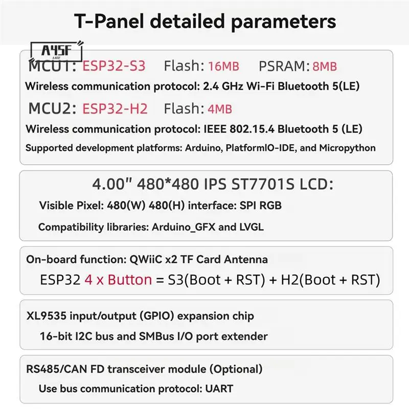 A45F-LILYGO T-Panel-S3 ESP32-S3 ESP32-H2 Программируемая макетная плата Модуль приемопередатчика Поддержка WIFI BT Qwiic TF
A45F-LILYGO T-Panel-S3 ESP32-S3 ESP32-H2 Программируемая макетная плата Модуль приемопередатчика Поддержка WIFI BT Qwiic TF