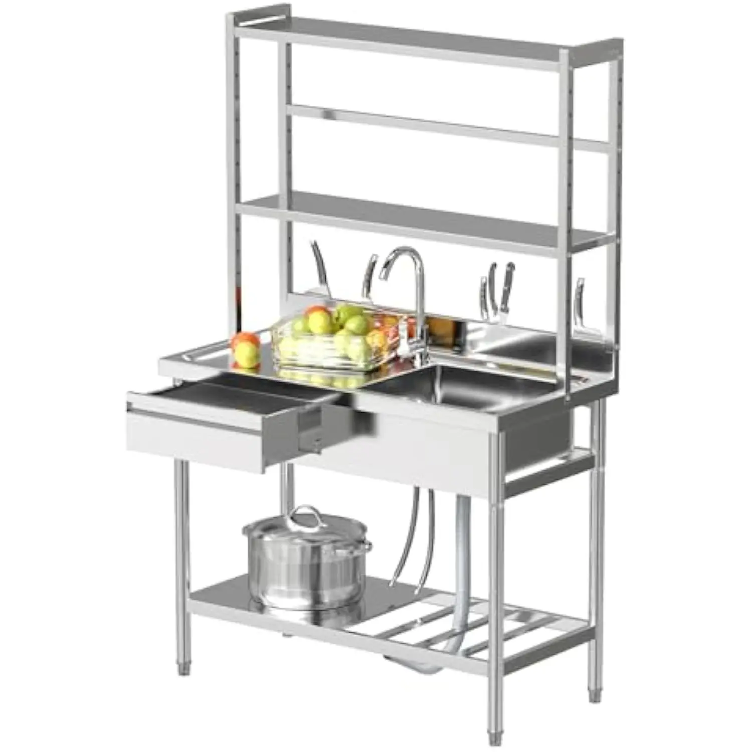 304 Stainless Steel Utility Sink, 39'' Free Standing Commercial Single Bowl Sink with Shelves & Drawer & Cold and Hot Water Pi
304 Stainless Steel Utility Sink, 39'' Free Standing Commercial Single Bowl Sink with Shelves & Drawer & Cold and Hot Water Pi