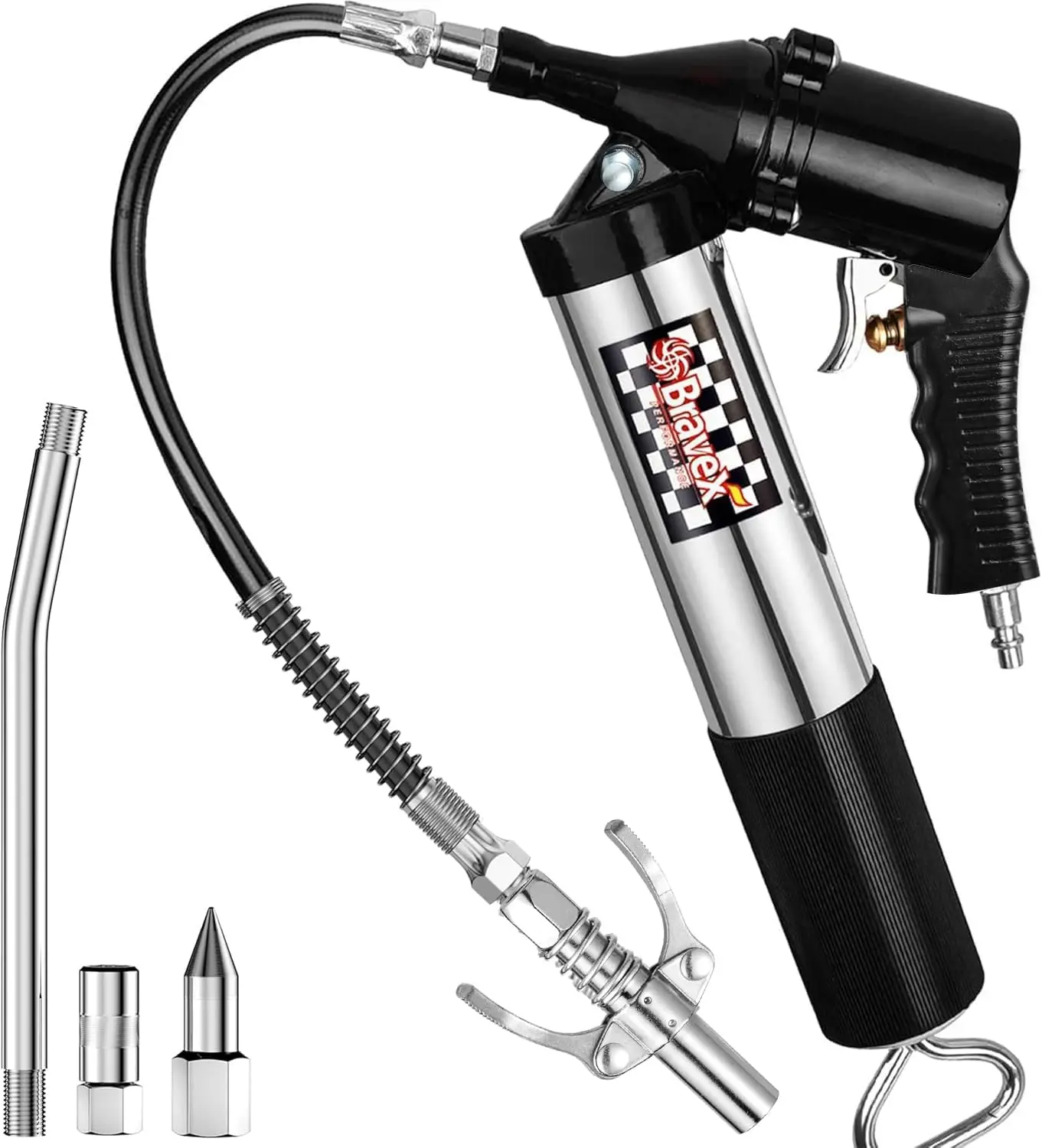 Heavy Duty 6000 PSI Air Grease Gun with Quick Release Coupler & Flex Hose, Continuous Cycle
Heavy Duty 6000 PSI Air Grease Gun with Quick Release Coupler & Flex Hose, Continuous Cycle