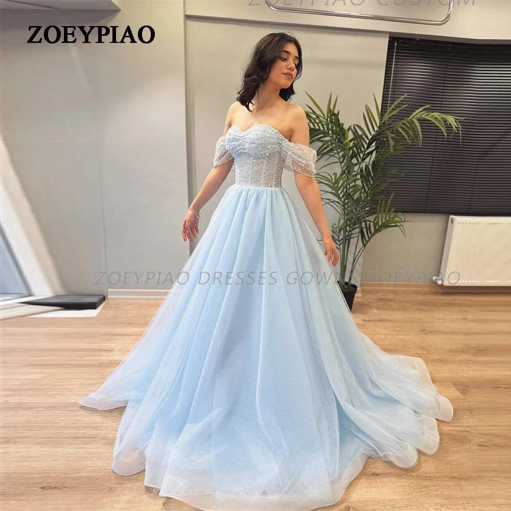 Sparkly Sky Blue Prom Dress Tulle Off Shoulder Evening Dresses for Women Wedding Party Gown Elegant Gowns Prom A-line 2023
Sparkly Sky Blue Prom Dress Tulle Off Shoulder Evening Dresses for Women Wedding Party Gown Elegant Gowns Prom A-line 2023