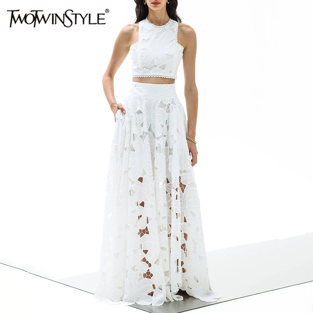 TWOTWINSTYLE однотонные комплекты из двух предметов с принтом для женщин, топ без рукавов с круглым вырезом, высокая талия, длинная юбка с вырезами, элегантный женский комплект 
TWOTWINSTYLE однотонные комплекты из двух предметов с принтом для женщин, топ без рукавов с круглым вырезом, высокая талия, длинная юбка с вырезами, элегантный женский комплект