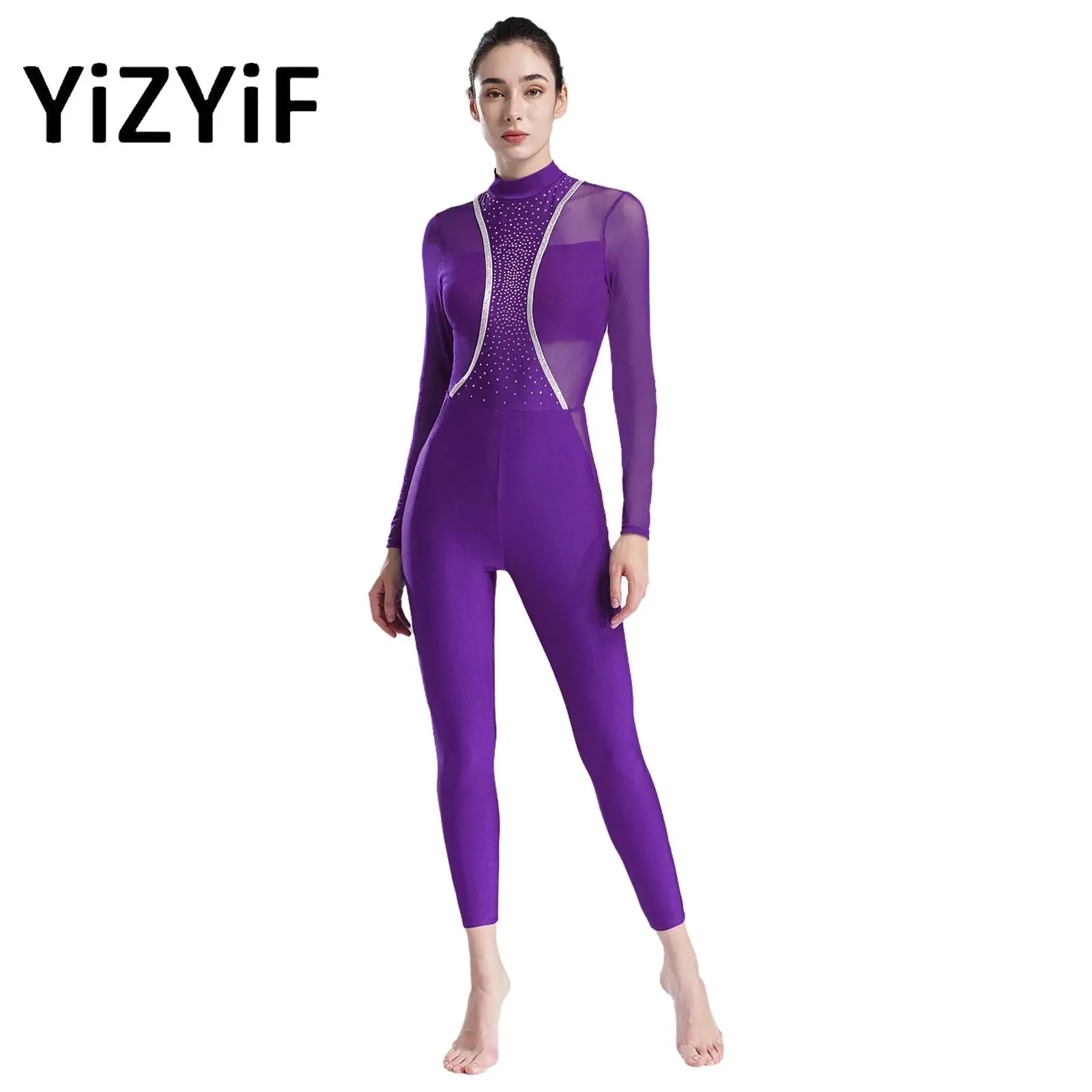 Womens Patchwork Dance Jumpsuit Mock Neck Long Sleeve Cutout Back Sheer Mesh Shiny Rhinestones Gymnastics Costume
Womens Patchwork Dance Jumpsuit Mock Neck Long Sleeve Cutout Back Sheer Mesh Shiny Rhinestones Gymnastics Costume