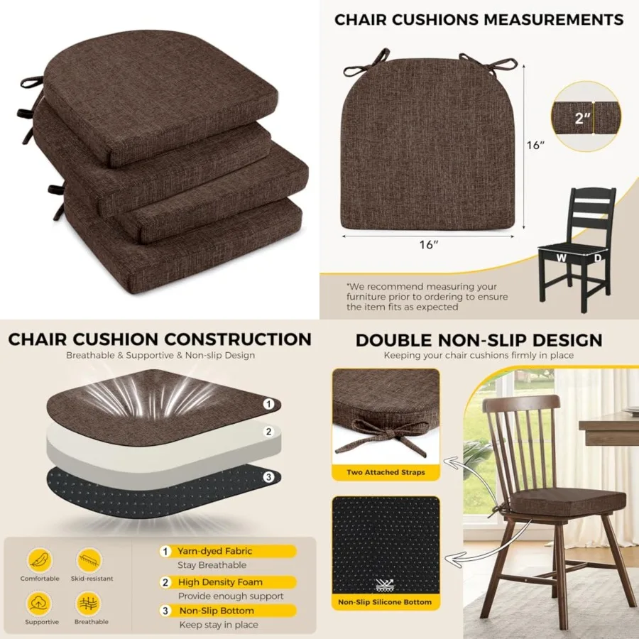 Indoor Chair Cushions for Dining Chairs, Soft and Comfortable Textured Foam Kitchen Chair Pads with Ties and Non-Slip Backing, 16" x 16" x 2", Brown, 4 Pack
Indoor Chair Cushions for Dining Chairs, Soft and Comfortable Textured Foam Kitchen Chair Pads with Ties and Non-Slip Backing, 16" x 16" x 2", Brown, 4 Pack