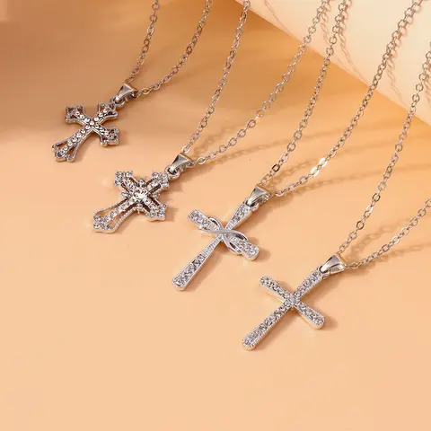4pcs/Set Fashion Crystal Cross Necklaces for Women Men Religious Pendant Necklaces Chain Party Holiday Jewelry Gift
