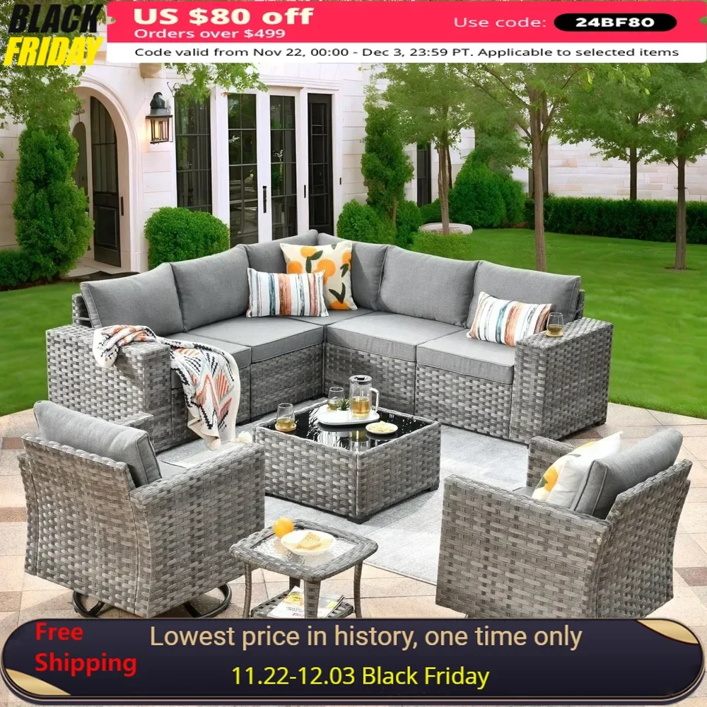 Patio Furniture Set 9 Pieces, Sofa with Swivel Rocking Chairs, Wide Arms and Deep Seat,Wicker Rattan Outdoor Sectional Sofa
Patio Furniture Set 9 Pieces, Sofa with Swivel Rocking Chairs, Wide Arms and Deep Seat,Wicker Rattan Outdoor Sectional Sofa