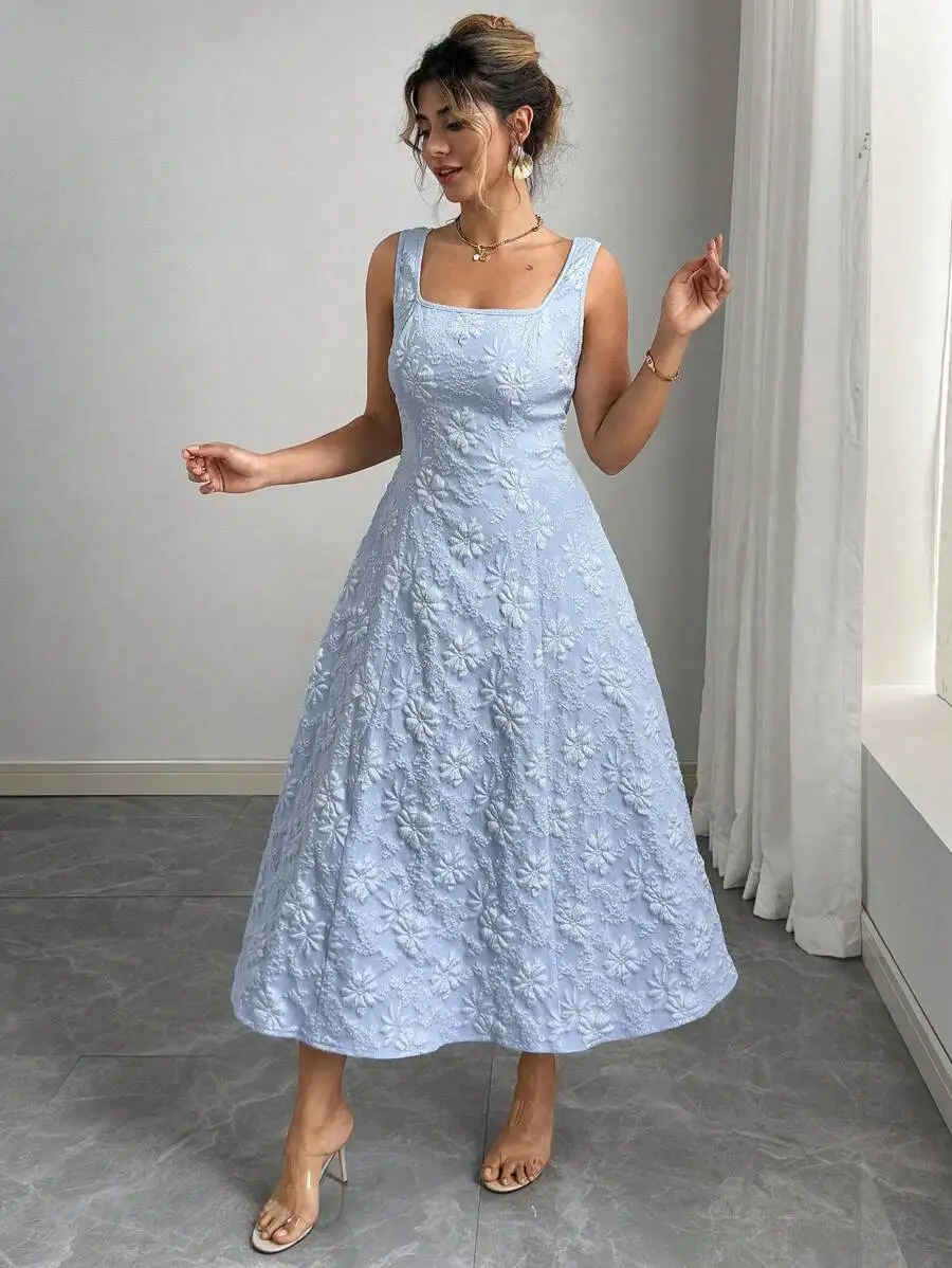 Square Neck Sleeveless Textured Floral A-Line Midi Dress For Women
Square Neck Sleeveless Textured Floral A-Line Midi Dress For Women