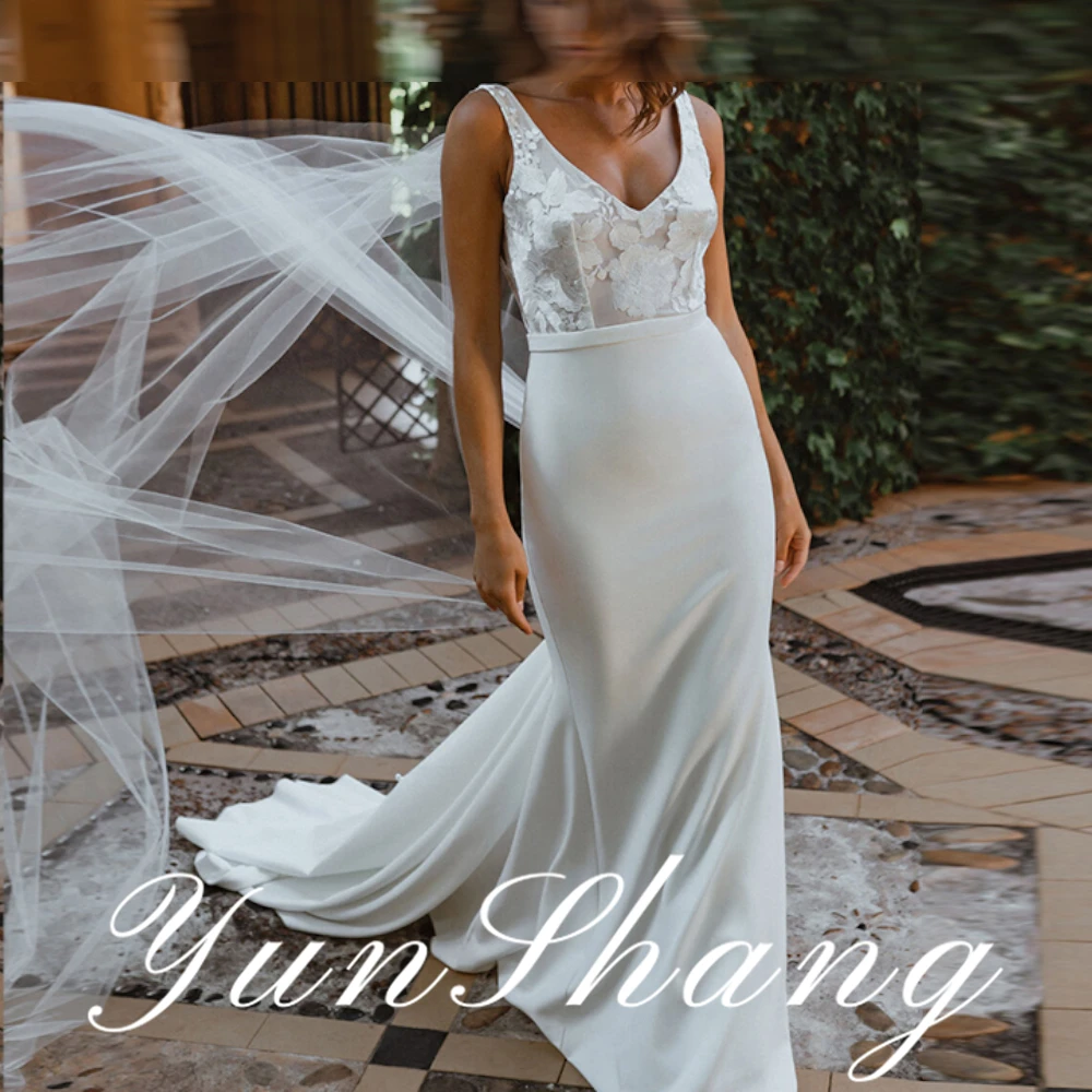 YunShang Customized Boho Wedding Mermaid V-Neck Appliques Stretchy Chiffon Sleeveless Country Wedding Gown Dress suknia ślubn
YunShang Customized Boho Wedding Mermaid V-Neck Appliques Stretchy Chiffon Sleeveless Country Wedding Gown Dress suknia ślubn