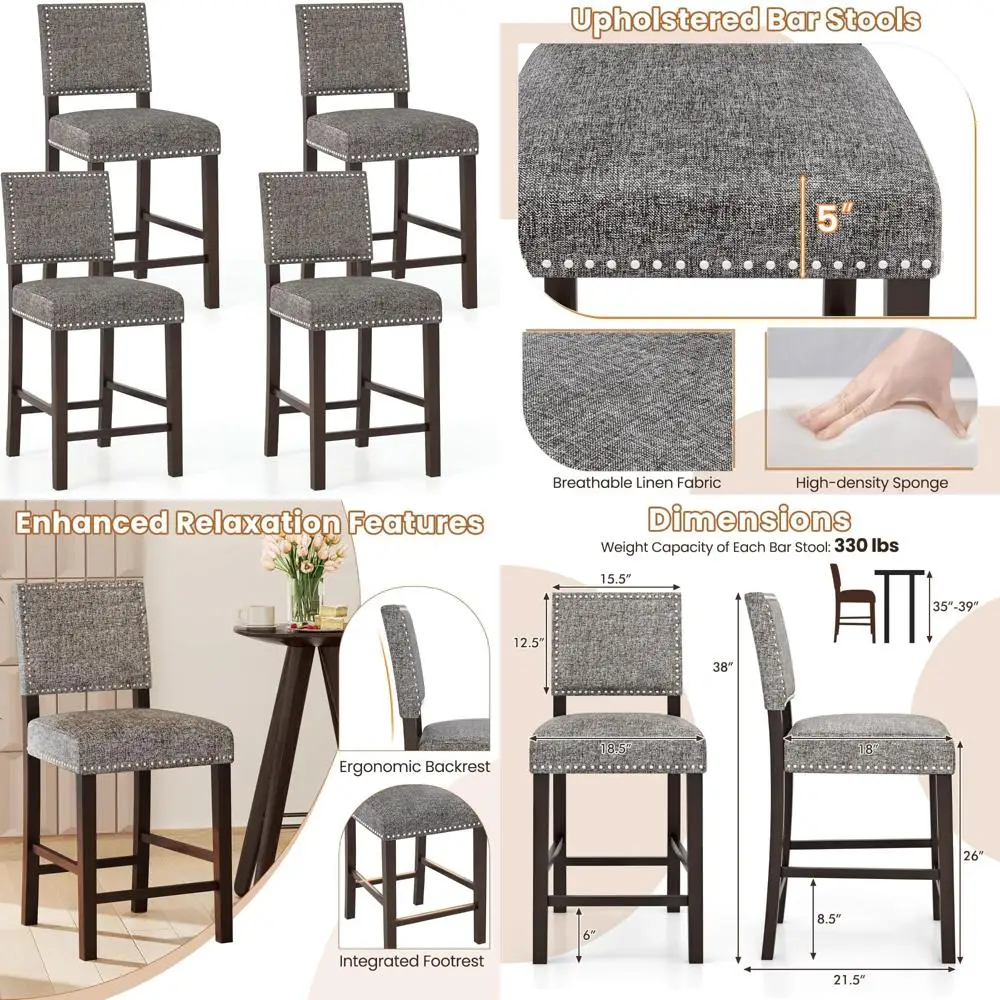 Set of 4 Modern Linen Fabric Bar Stools, 26" Counter Height with Solid Rubberwood Legs and Footrest
Set of 4 Modern Linen Fabric Bar Stools, 26" Counter Height with Solid Rubberwood Legs and Footrest