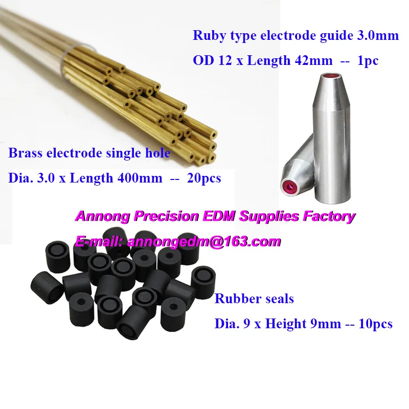 Brass electrode single hole 3.0x400mm 20PCS + Ruby type electrode guide 3.0mm OD12x42L 1PC + Rubber seals 3.0mm OD9x9Hmm 10PCS
Brass electrode single hole 3.0x400mm 20PCS + Ruby type electrode guide 3.0mm OD12x42L 1PC + Rubber seals 3.0mm OD9x9Hmm 10PCS