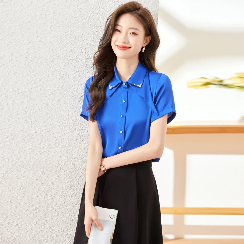 Acetate Satin Short Sleeve Women's Shirt Summer Thin Design Sense Turn-down Collar Beaded Fashionable Midi Dress Shirt
Acetate Satin Short Sleeve Women's Shirt Summer Thin Design Sense Turn-down Collar Beaded Fashionable Midi Dress Shirt