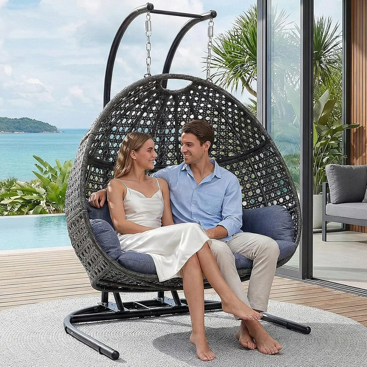 2 Person Egg Chair with Stand, Oversized Wicker Hanging Loveseat, Heavy-Duty Steel Frame, Extra-Thick Cushion, Rain Cover Includ
2 Person Egg Chair with Stand, Oversized Wicker Hanging Loveseat, Heavy-Duty Steel Frame, Extra-Thick Cushion, Rain Cover Includ
