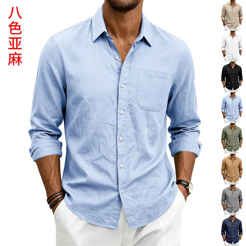 Men's solid linen long sleeve shirt, lapel button design with pockets, loose breathable, casual vacation wear
Men's solid linen long sleeve shirt, lapel button design with pockets, loose breathable, casual vacation wear