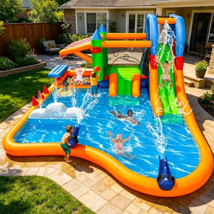 Backyard water park inflatable bounce house with double slides splash pool climbing wall basketball rim water cannon market sta
Backyard water park inflatable bounce house with double slides splash pool climbing wall basketball rim water cannon market sta