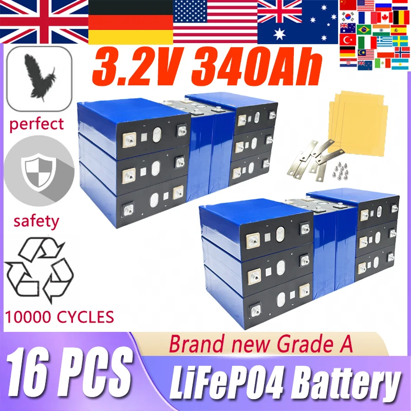 16pcs 10000+ Cycles 340Ah LiFePO4 Battery 3.2V Rechargeable Lithium Iron Phosphate Cell DIY 48V RV EV Golf Cart Grade A Cells
16pcs 10000+ Cycles 340Ah LiFePO4 Battery 3.2V Rechargeable Lithium Iron Phosphate Cell DIY 48V RV EV Golf Cart Grade A Cells