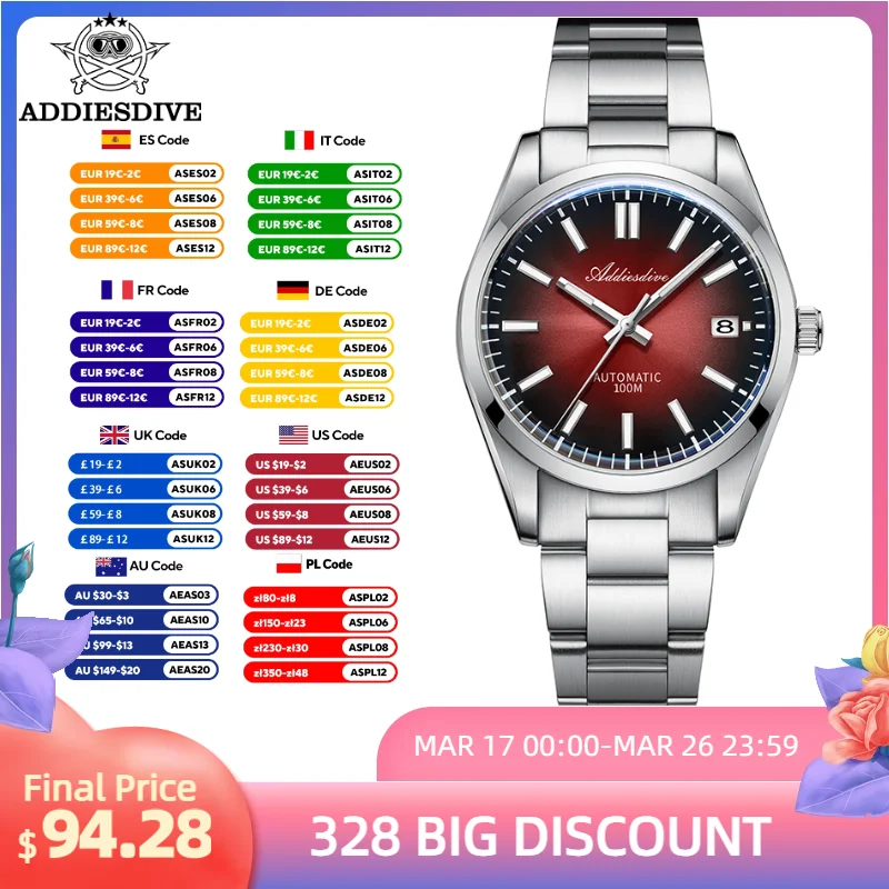 ADDIESDIVE Watch Men Automatic Fashion Gradient Red Sappire Stainless Steel Analog Watch 100m Waterproof Luminous Luxury Watch
ADDIESDIVE Watch Men Automatic Fashion Gradient Red Sappire Stainless Steel Analog Watch 100m Waterproof Luminous Luxury Watch