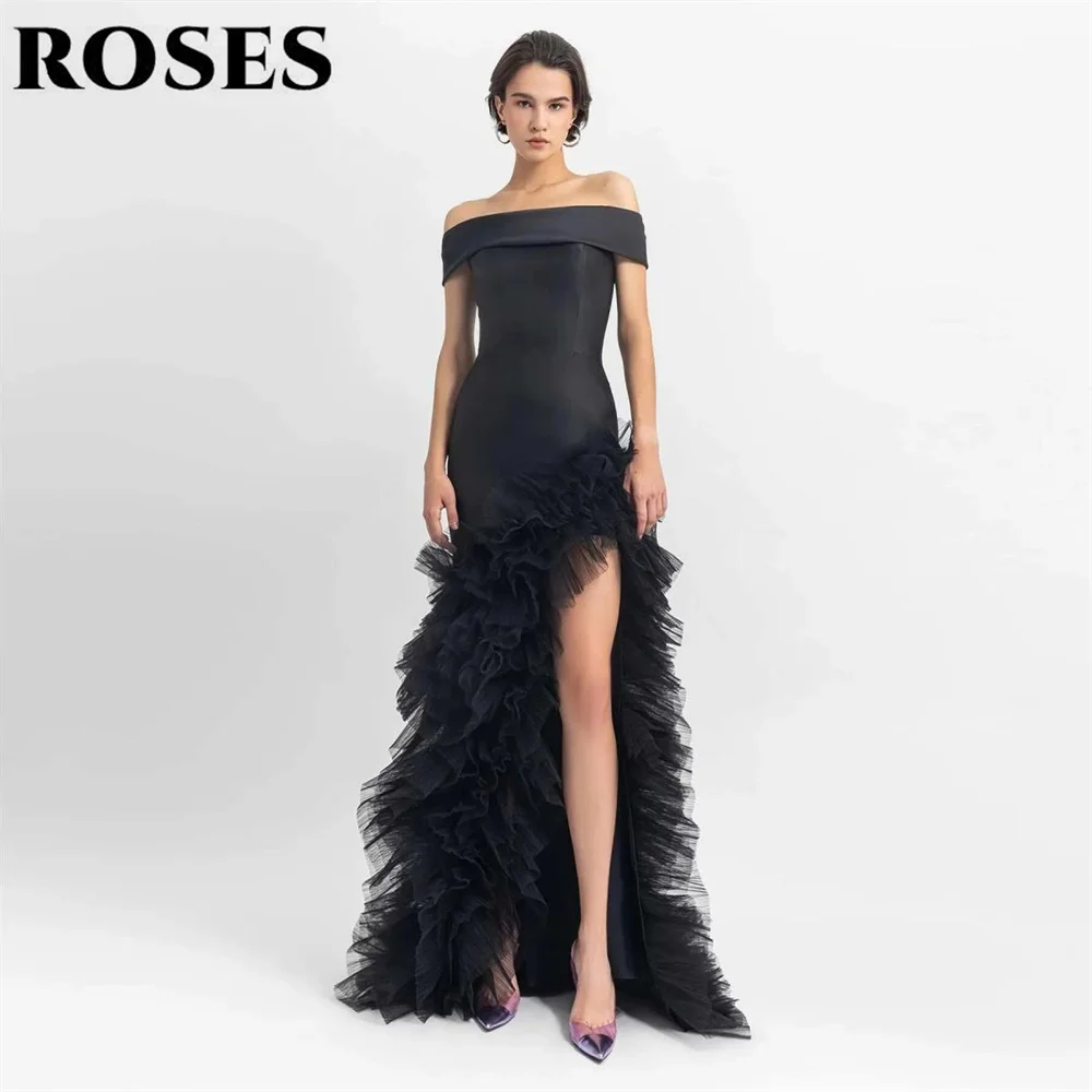 ROSES Black Elegant Prom Dress Off the Shoulder Formal Gown Pleats Trumpet Tulle Split Simple Tiered Evening Dresses Customized
ROSES Black Elegant Prom Dress Off the Shoulder Formal Gown Pleats Trumpet Tulle Split Simple Tiered Evening Dresses Customized