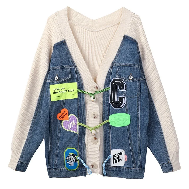 Korean Style Knitted Patchwork Denim Cropped Jacket 2024 New Autumn WInter Fashion Elegant Cartoon Sticker Sweater Coat Outwear
Korean Style Knitted Patchwork Denim Cropped Jacket 2024 New Autumn WInter Fashion Elegant Cartoon Sticker Sweater Coat Outwear